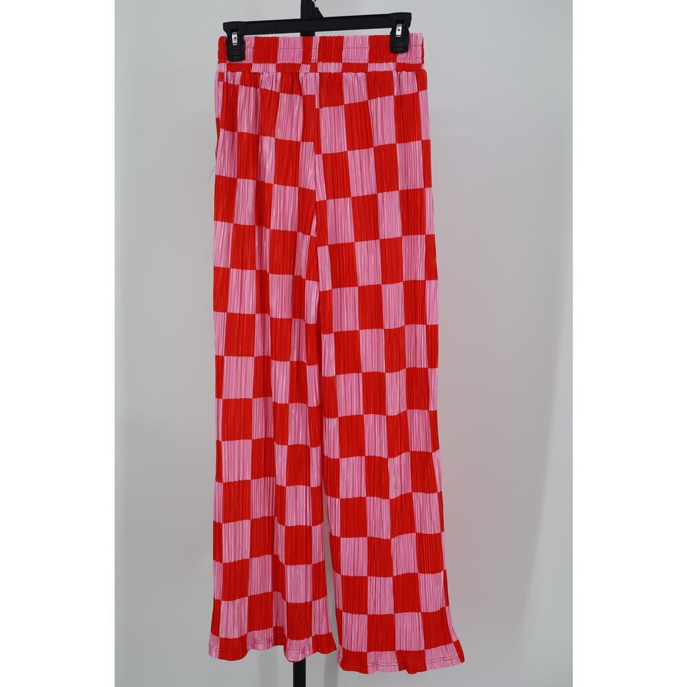 NEW WKNDCHASERS Checkered Plisse Pants Red Pink Gingham Wide Leg Size S - Picture 3 of 4
